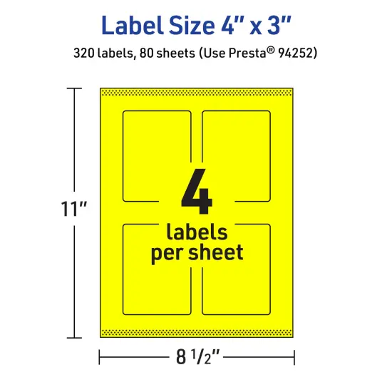 Avery Neon Yellow Paper Labels, 4" x 3" Rectangle {5}
