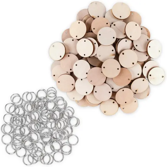 100 Wood Rounds and 100 Key Rings Wooden Circle Discs (1" Inch) {1}