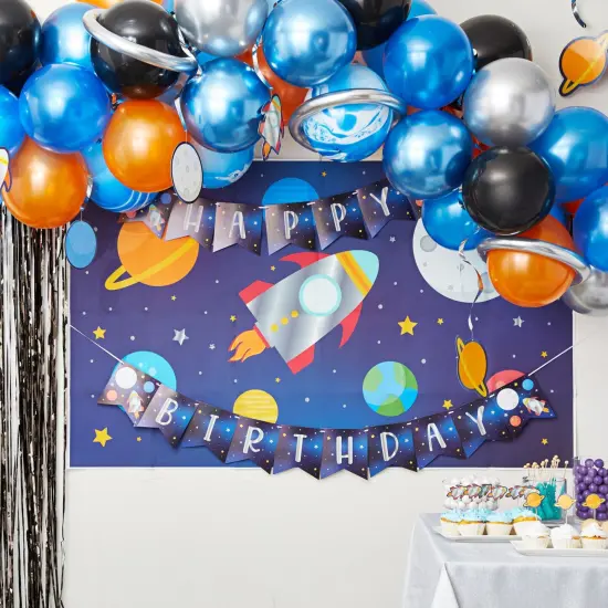 102 Piece Outer Space Birthday Party Decorations with Galaxy Backdrop, Banner, Backdrop, Balloons, Hanging Swirls, Cupcake Toppers Blue {2}