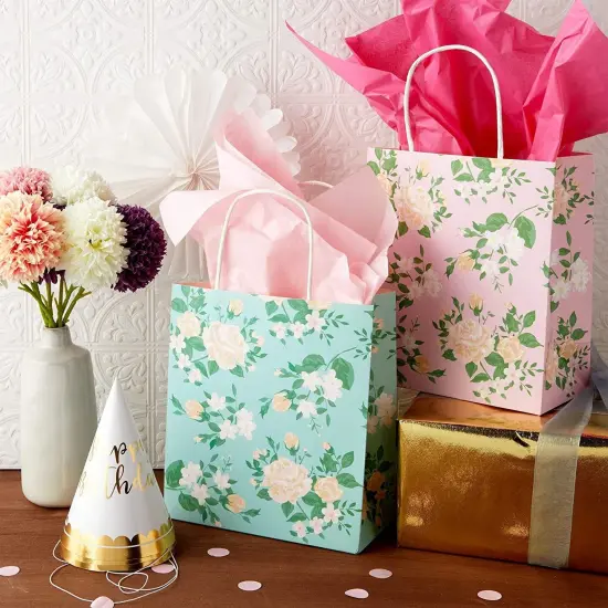 Small Floral Kraft Gift Bags with Handles in 4 Colors (8 x 9 x 4 in, 12 Pack) Multicolor {3}