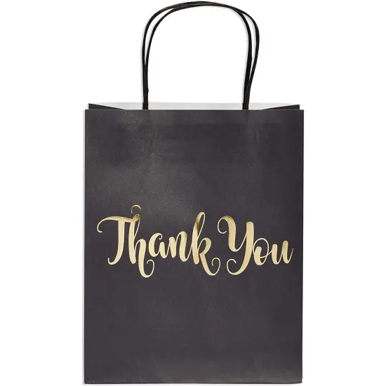 24 Pack Medium Black Thank You Party Favor Paper Goodie Gift Bags with Handles, Gold Foil {3}