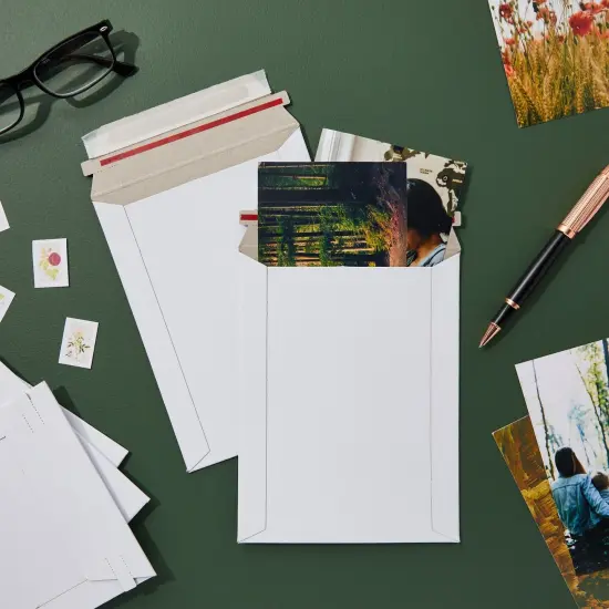 100 Pack 6x8 Rigid Mailers - 550 GSM Thick Self Adhesive Stay Flat Cardboard Envelopes for Shipping Photos, Documents, Collectible Trading Cards (White) {3}