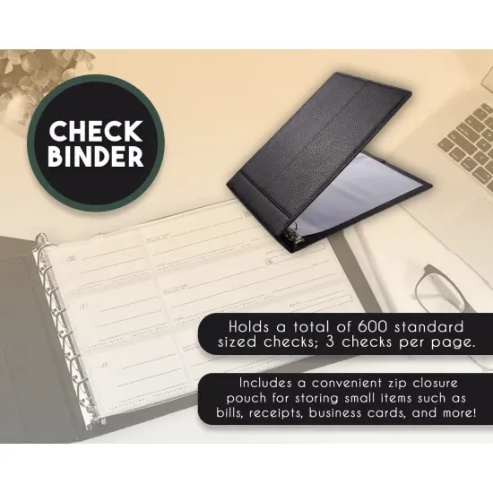 7-Ring Business Check Binder for Checkbooks Organization, Financial Records, Personal and Corporate Use, Black Faux Leather Folder for 600 Checks (14 x 10 Inches) {5}