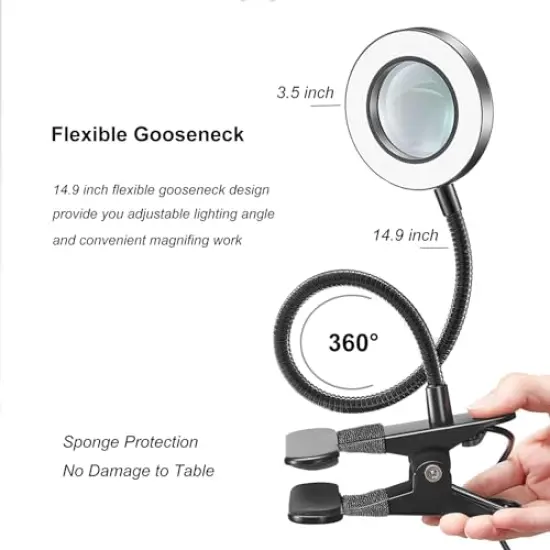 Yeegras Desk Magnifying Glass with Light 10x, Magnifer with 3 Light Color, 10 Adjustable Brightness, Flexible Gooseneck, Magnifying Lamp with Clamp for Craft, Diamond Painting, Soldering, Elderly {5}