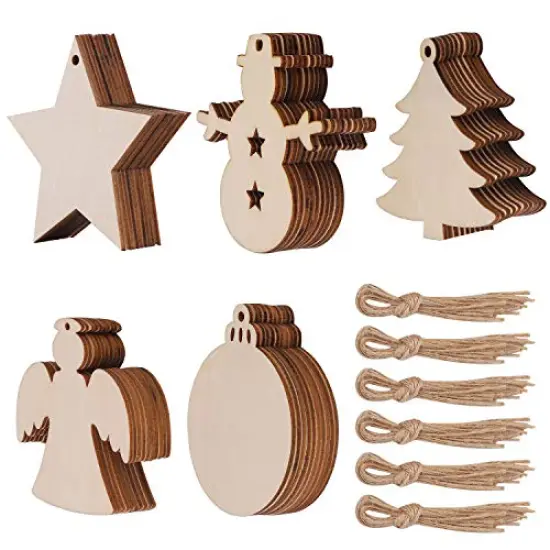 50 Pcs Unfinished Paintable Blank Wooden Christmas Festival Decoration Ornaments, Xmas Tree Hanging Wood Slices for Kids DIY Art Crafts, 5 Designs-Christmas Tree, Snowman, Stars, Angel, Round {1}