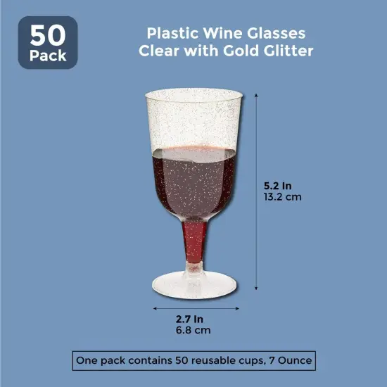 50-Pack Gold Glitter Plastic Wine Glasses (7 oz) Clear {2}