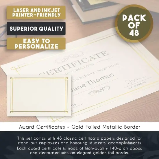 48 Sheets Gold Foil Certificate Paper for Printing - Customizable Blank Cardstock with Border for Graduation Diploma, Achievement Awards, Recognition Documents (8.5 x 11 in, Ivory) {5}