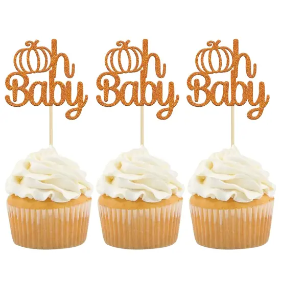 24Pcs Pumpkin Oh Baby Cupcake Toppers Orange {1}