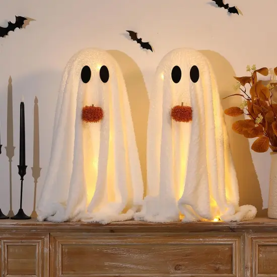 -2 Pack Light-Up Sherpa Ghosts with Pumpkin Halloween Decor {1}