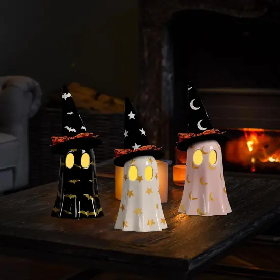 Halloween Decorations Indoor, Set of 3 Ceramic Ghosts with Witch Hats {3}