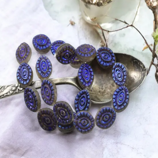 *10* 14x11mm Metallic Blue Iris Washed Matte Black Diamond Mystic Eye Beads {3}