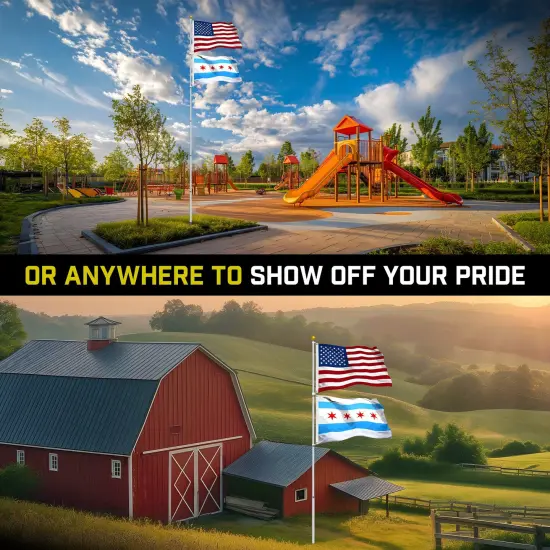G128 Combo Pack: 25 Ft Telescoping Aluminum Flagpole (Silver) & American and Chicago Flags 3x5 Ft, Both StormFlyer Series Embroidered 220GSM Spun Polyester | Pole with Flags Included {6}