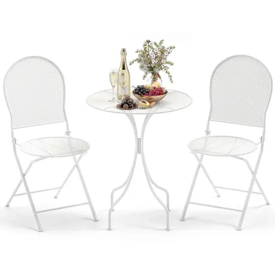 Costway 3 PCS Metal Bistro Set Round Table & 2 Folding Chairs with Rattan-Like Pattern Black/White {7}