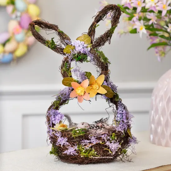 Northlight 14.5" Purple and Green Artificial Floral Bunny Shaped Basket Brown {1}