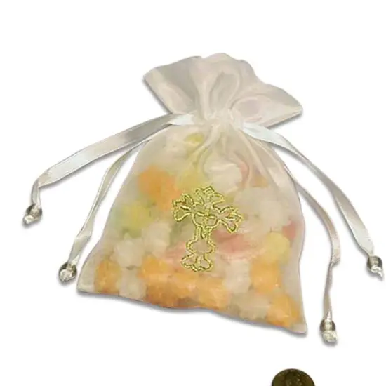 Golden Cross Embroidered Organza Bags 4'' x 6'' Favors {2}