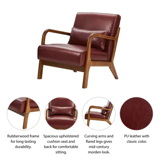 Set of 2 30.75"H Mid-Century Modern PU Leather Armchair Accent Chairs with Pillow Burgundy {5}