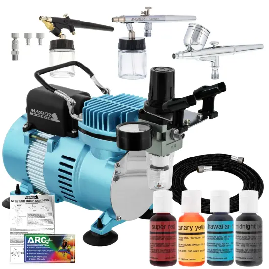 Cool Runner II Dual Fan Air Compressor Cake Decorating System Kit with 3 Airbrushes, Gravity and Siphon Feed, 4 Color Food Coloring Set - How-to Guide {1}