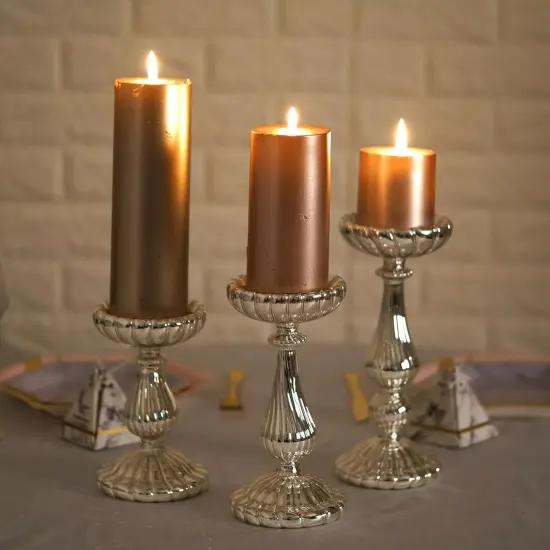 3 pcs Silver Mercury Glass Pillar Candle Holders Wedding Events Centerpieces {3}