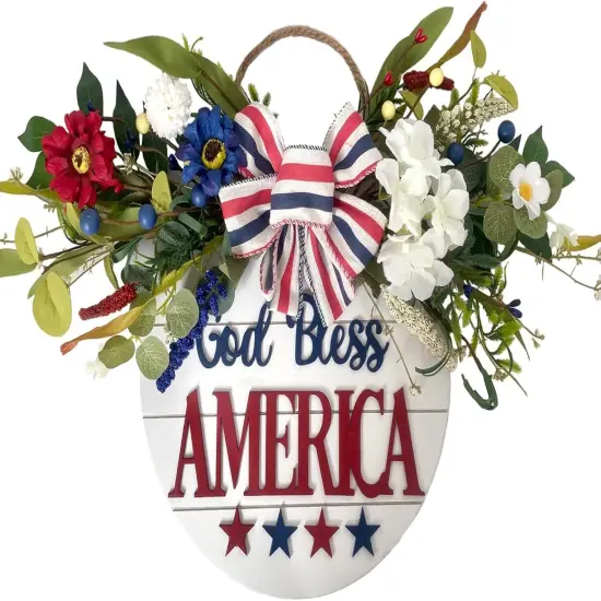 God Bless America Sign Wreath 4th of July Wreath Patriotic Wreath for Front Door, 16" Red White and Blue Flower Wooden Sign Wreath for Memorial Day Independence Day Decoration {1}