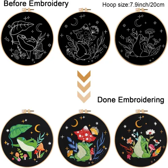 3 Sets Frog Embroidery Kits for Beginners,Cross Stitch Kit for Adults,Crewel Starters Needlepoint with Embroidery Hoop,Threads and Instruction {3}