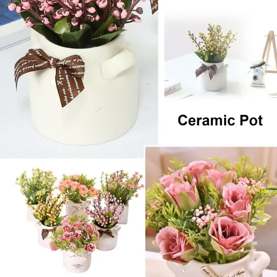 6Pcs Artificial Flowers with Ceramic Pot Fake Flower Arrangements Small Faux Spring Flowers in Vase Home Spring Decor {2}