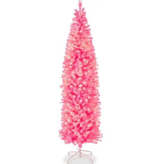 Best Choice Products Pre-Lit Pink Artificial Christmas Tree, Holiday Pencil Tree w/ Metal Stand {7}