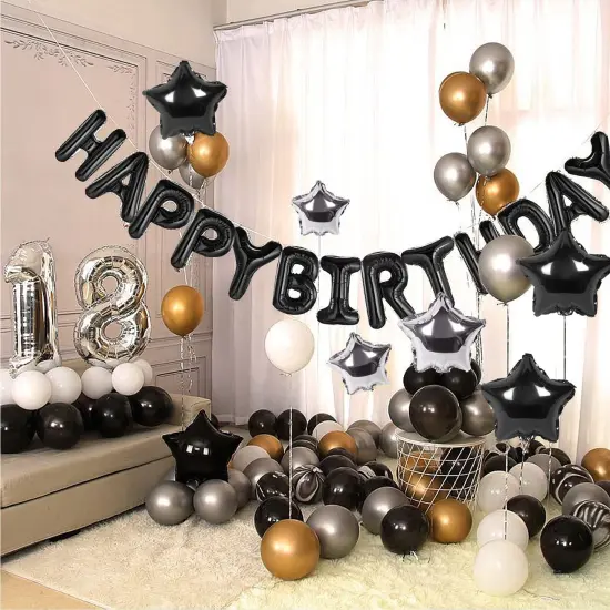 Happy Birthday Banner 13pcs 16 Inch Mylar Foil Letters with 12pcs Star Balloons Birthday Party Decorations for Kids and Adults - 3D Black {3}
