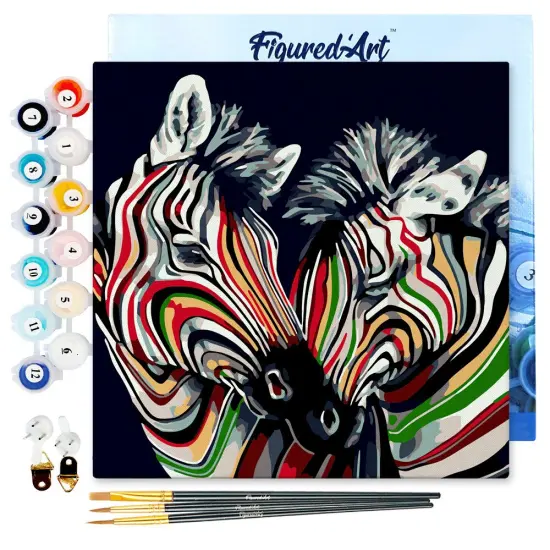 Figured'Art Mini Paint by Numbers Kit for Adults with Frame Couple of Colorful Zebras Small format 8"x8" - Craft Art Painting DIY Canvas Already Stretched on a Wooden Frame {1}