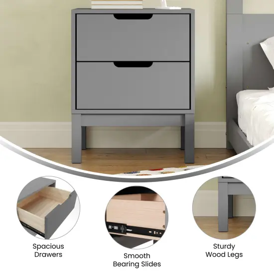 Emma and Oliver Samuel Kids Double-Drawer Night Stand with Solid Wood Frame, Side Table for Kids Bedroom Gray {3}
