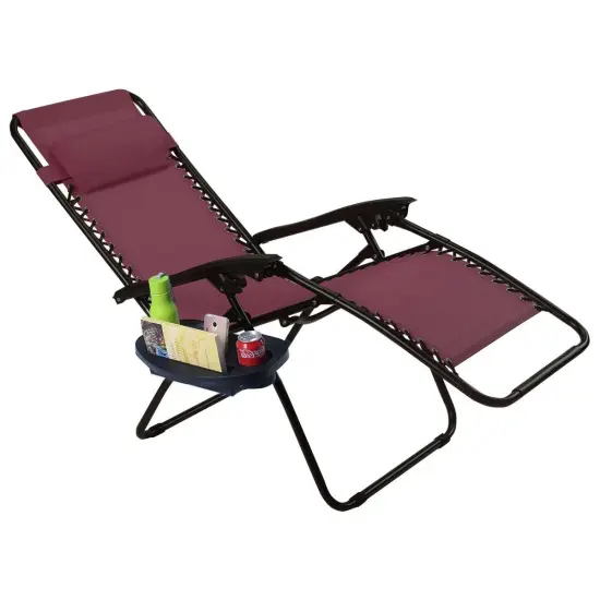 Set of 2 Folding Zero Gravity Recliner Chairs with Cup Holder Tray and Headrest for Patio or Lawn Burgundy {3}