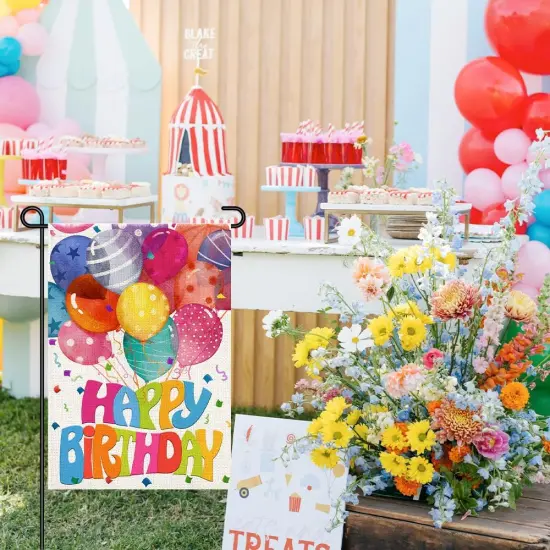 Happy Birthday Garden Flags for Outside 12x18 Double Sided Burlap, Colorful Balloon Personalized Banner Farmhouse Yard Sign Birthday Party Decorations DF575 {2}