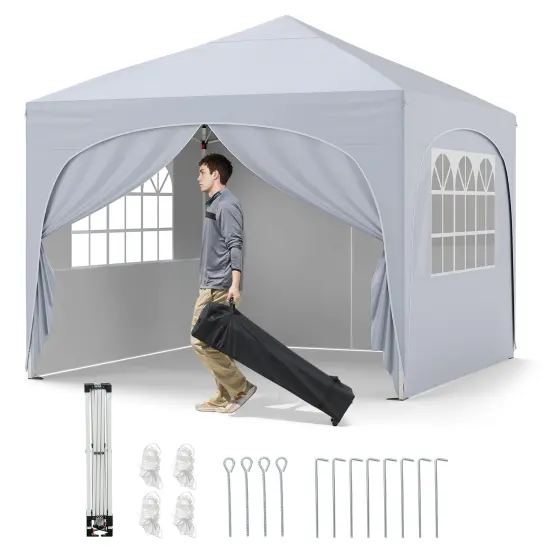 10 X 10 FT Pop up Canopy Tent with 4 Removable Sidewall White {1}
