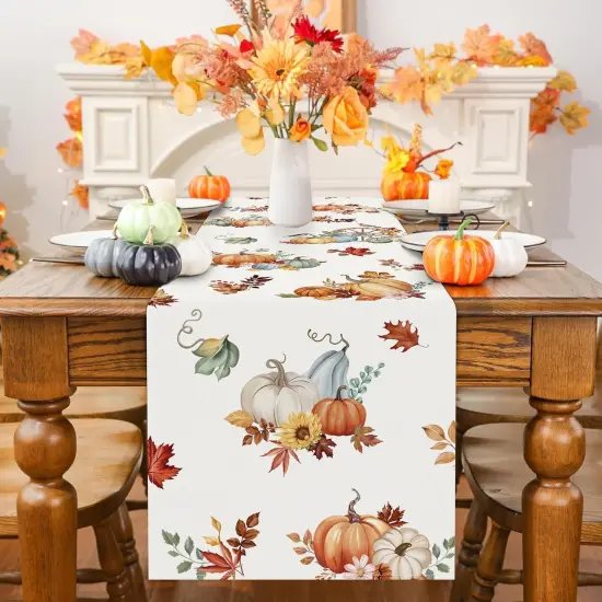 Fall Pumpkins Table Runner 13x72 Inch Watercolor Floral Leaves {2}