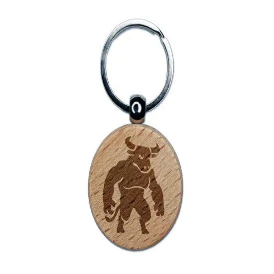 Minotaur Mythical Man Bull Creature Engraved Wood Round Keychain Tag Charm {1}