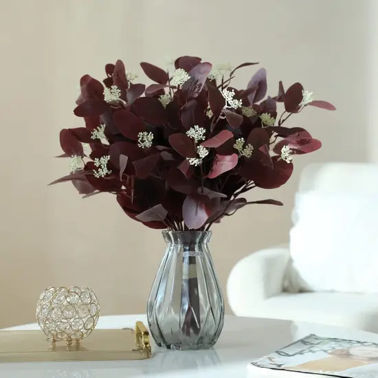 12Pcs 20" Silk Artificial Eucalyptus Stems - Burgundy {4}
