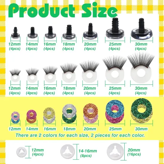 28pcs Plastic Safety Eyes 12mm to 30mm Glitter Safety Eyes with Washers and Black Eyelashes {2}