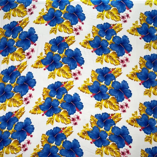 1 Yard Hibiscus & Tropical Leaves Cluster Peachskin Fabric 45 Inch Width White/Blue {1}