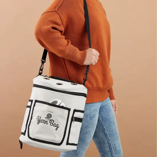 Grey Yarn Bag with Dividers for Portable Knitting Kit, Crochet Bag for Accessories and Supplies Storage (11.8 x 9.8 In) White {4}