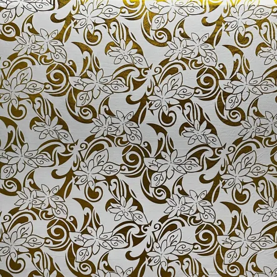 1 Yard Shiny Foil Polyester Tiare Swirls Floral Fabric for Crafts 60 Inches Width White/Gold {1}