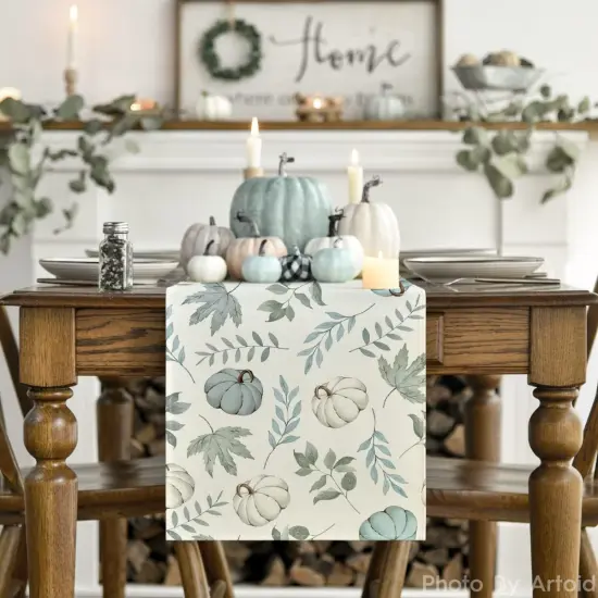 Pumpkins Fall Eucalyptus Leaves Table Runner,13x72 Inch {2}