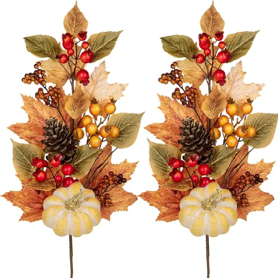 2PCS Artificial Pumpkin Pine Cone Maple Beech Leaves with Red Berries {1}
