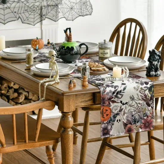 Jack-O'-Lantern Pumpkin Floral Ghost Halloween Table Runner, 13x72 Inch {4}