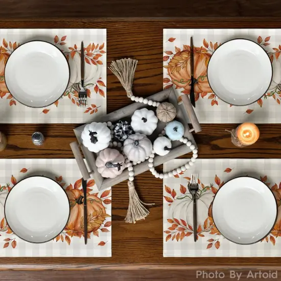 Set of 4 - Buffalo Plaid Polka Dot Pumpkins Leaves Fall Placemats {2}