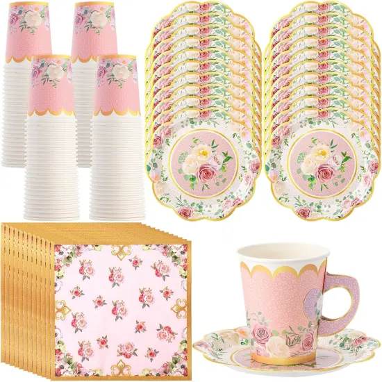 150 Pcs Tea Party Decorations for Tables 9 oz Floral Disposable Paper Tea Cups with Handles Plates Saucers Napkins for Summer Spring Party(Classic Style) {1}