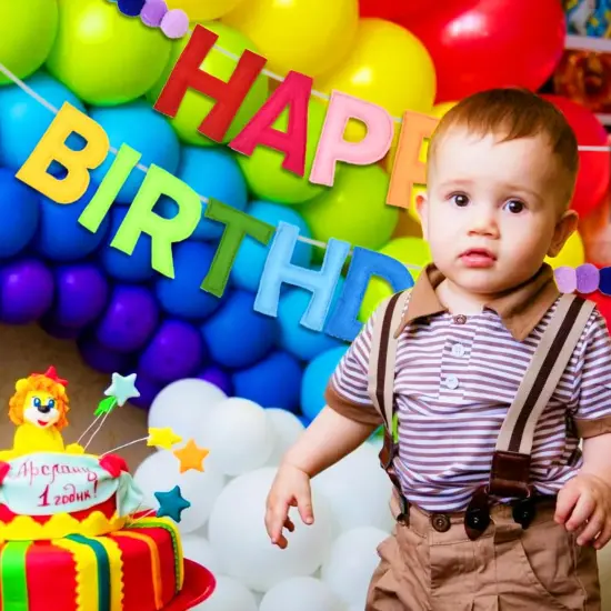 Pre-Strung Felt Happy Birthday Garland with Pompom Balls, Handmade Banner Decorations for Party Decor (Color) {4}