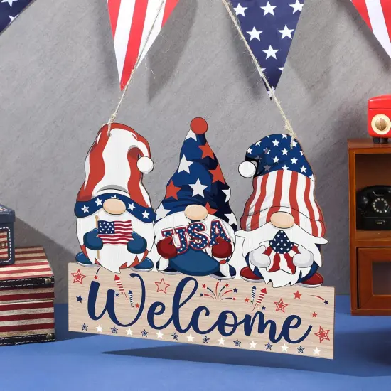 Reversible Summer 4th of July Memorial Day Welcome Door Sign Decor Double Sided Gnome Wooden Hanging Plaque Patriotic Independence Day Door Hanger for Porch Home Wall Outdoor Decoration {1}