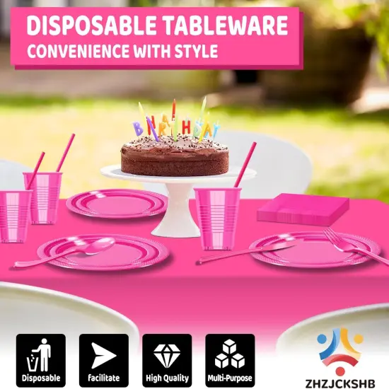 242 Pcs Plastic Dinnerware Set Includes 30 Of Each 9" Dinner Plates |7" Dessert Plates|12 oz Plastic Cups | Napkins|Straws|Spoons, Forks & Knives (Hot Pink, 242PCS（30 Guests）) {4}