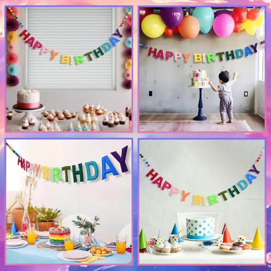 Happy Birthday Banner Felt Ball Garland Colorful Dainty Pre-Strung Rainbow Birthday Banner Reusable Happy Birthday Sign Photo Booth Props Primary Color Birthday Party Decoration for Kids Girls {5}
