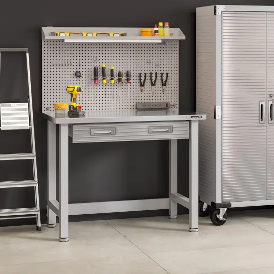 Seville Classics UltraHD Lighted Workcenter w/ Stainless Steel Top and Pegboard Granite {3}