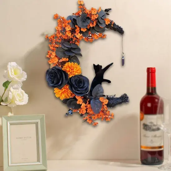 Halloween Wreaths Moon Cat Wreath Garland for Front Door with Lights - Yellow {6}